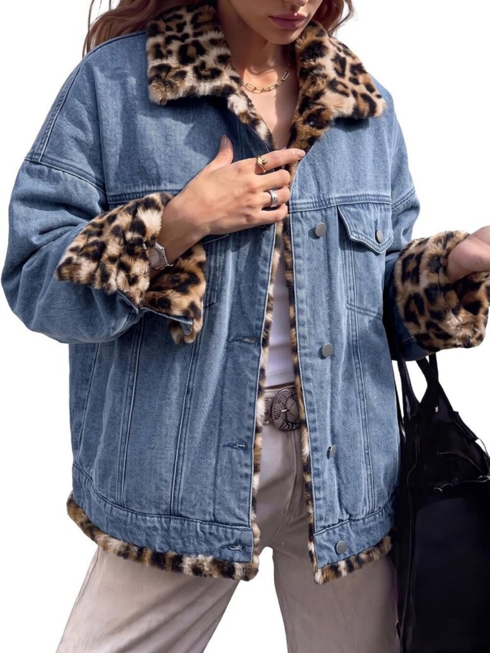 Cozy Leopard Print Reversible Oversized Sherpa Fleece Jean Jacket for Women